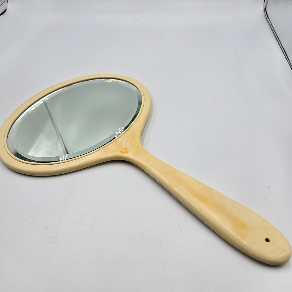Antique French Ivory Celluloid Hand Mirror Beveled‎ Glass Vanity Art Deco 1920s